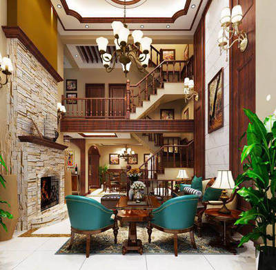 太平富山春居美式风格别墅客厅厨房房间花园装修设计效果图